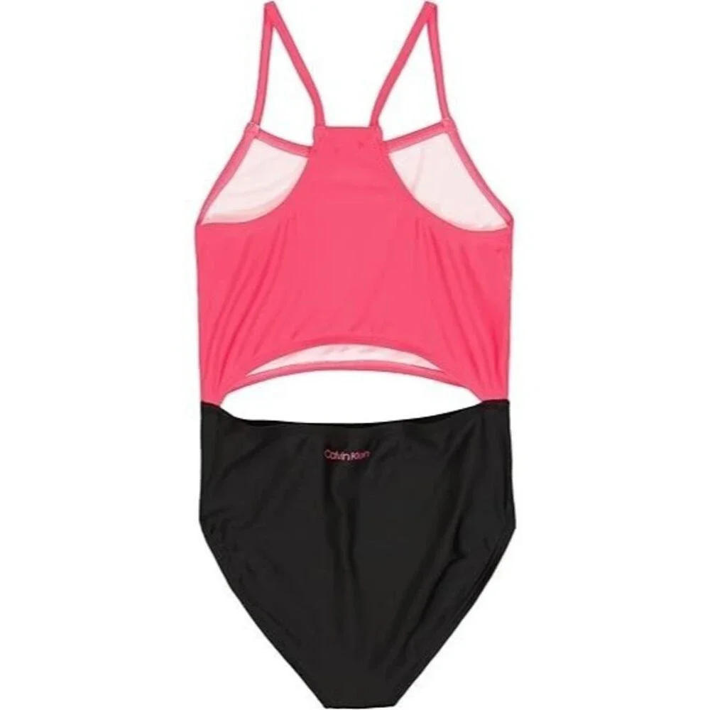 Calvin Klein Big Girls Cutout Color Block Bikini Swimsuit One Piece Pink Black 7